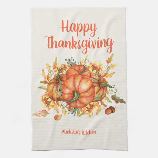 Glad Thanksgiving Orange Pumpa Höstlöv  Kökshandduk (Vertikal)