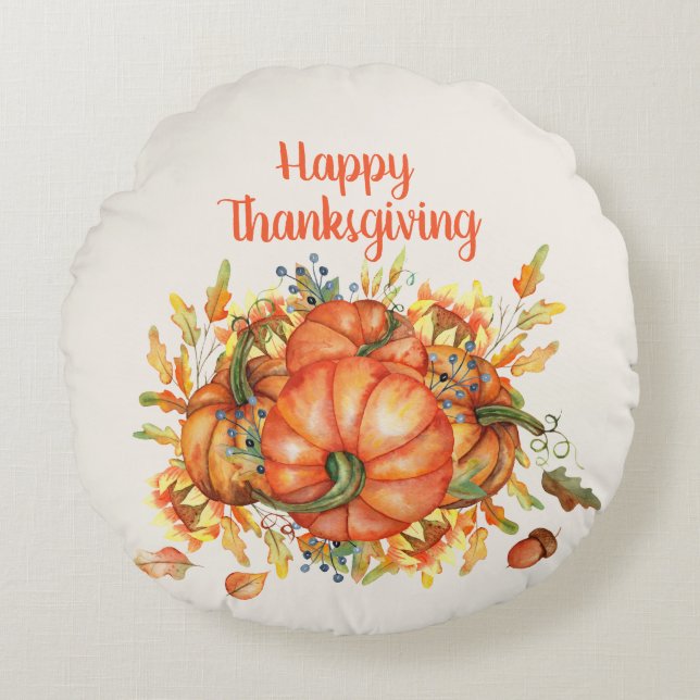 Glad Thanksgiving Orange Pumpa Höstlöv  Rund Kudde (Framsidan)