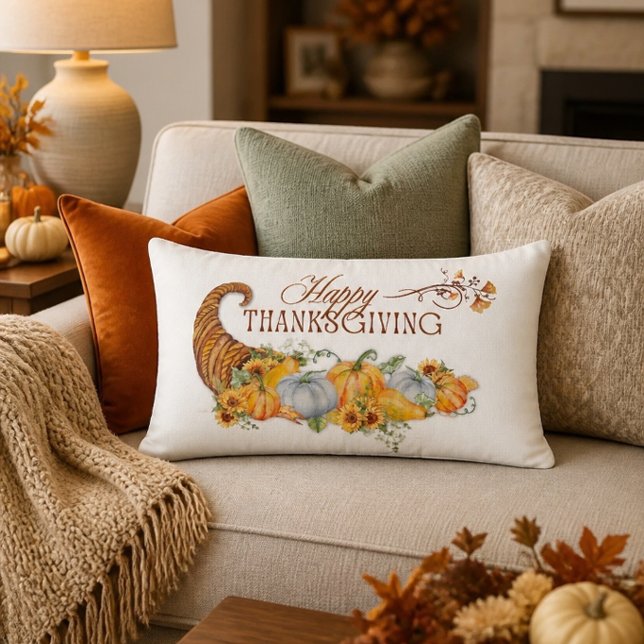 Glad Thanksgiving överflödshorn  Lumbarkudde (Skapare uppladdad)