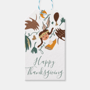 Glad Thanksgiving Pilgrim Höst Grönska Klotter Presentetikett