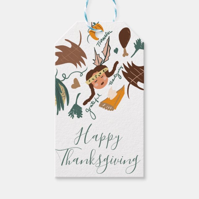 Glad Thanksgiving Pilgrim Höst Grönska Klotter Presentetikett (Framsidan)