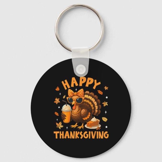 Glad Thanksgiving Rolig Kalkon Dricker Kaffe Bo Nyckelring (Framsida)