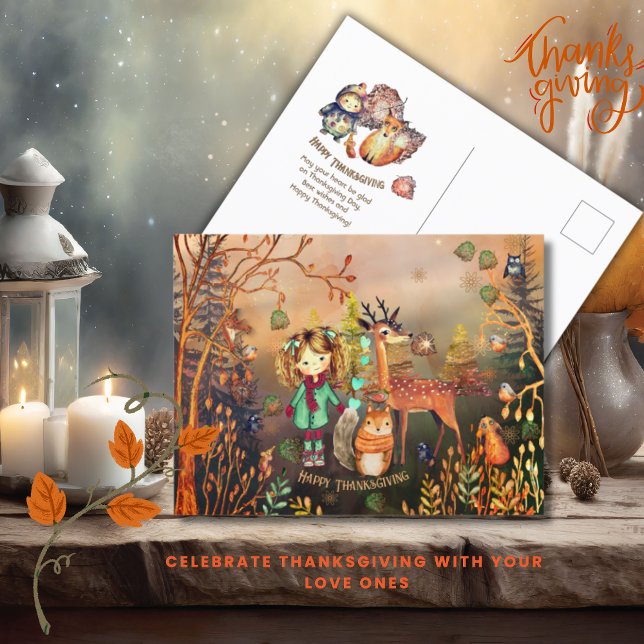 Glad Thanksgiving Skogsdjur Vykort (Happy Thanksgiving Woodland Animals Postcard)