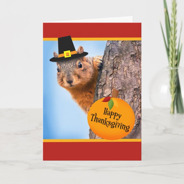 Glad Thanksgiving Söt Ekorre i Hatt Helgkort (Framsida)