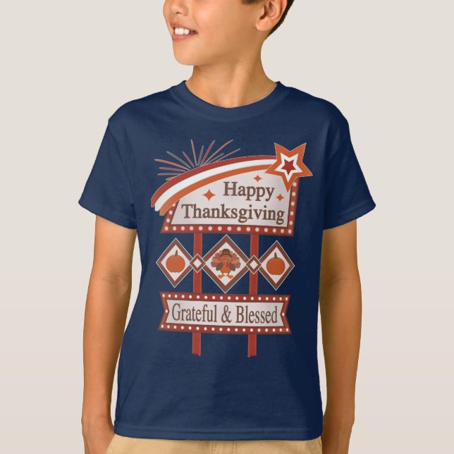 Glad Thanksgiving Tacksam & Salig Retro Skylt T Shirt (Framsida)