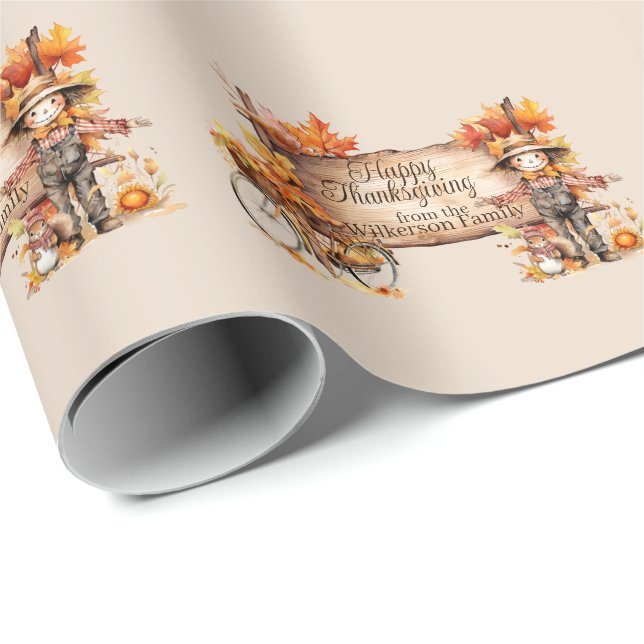 Glad Thanksgiving Träskylt & Höstscen Presentpapper (Rullad Hörn)