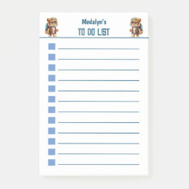 Glad tigerkub med ryggsäck och dricker post-it block