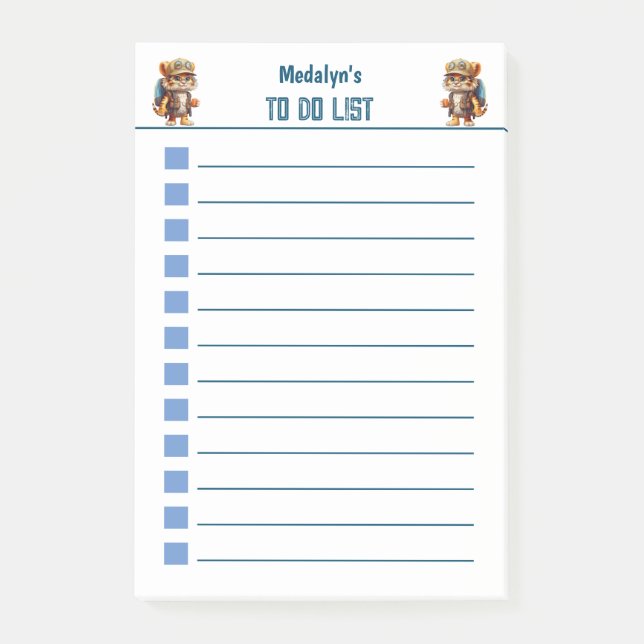 Glad tigerkub med ryggsäck och dricker post-it block (Framsida)