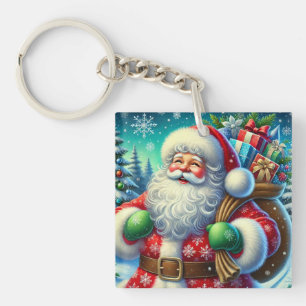 Glad tomte håller en presentpåse