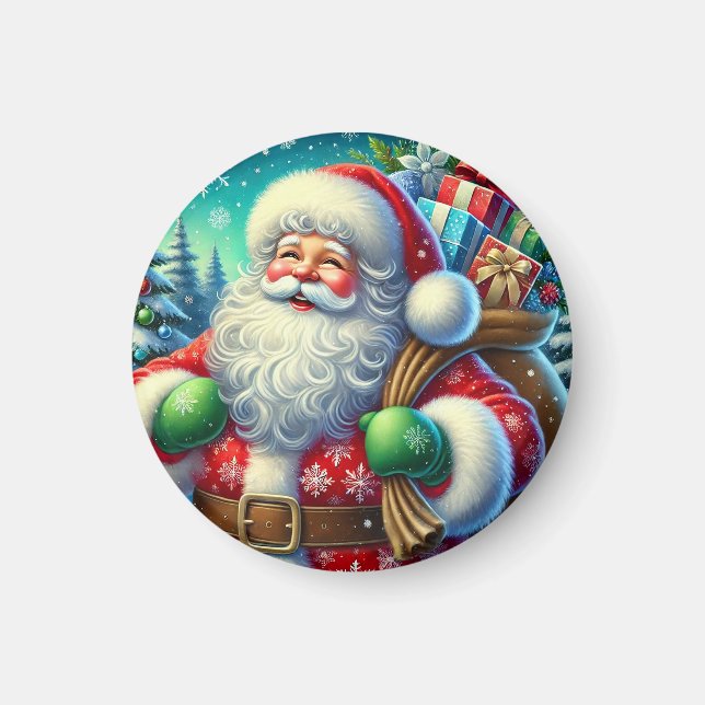 Glad tomte håller en presentpåse magnet (Framsidan)