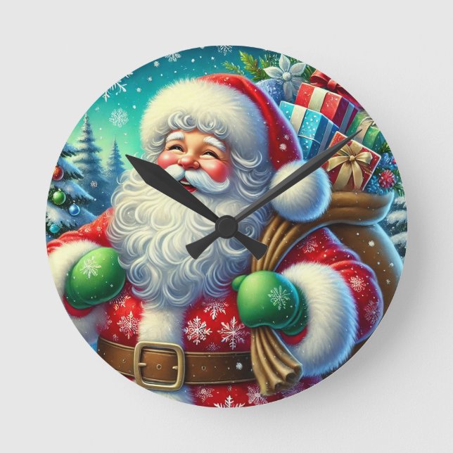 Glad tomte håller en presentpåse rund klocka (Framsida)