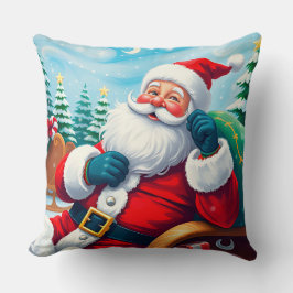 Glad tomte kopplar av i festlig släde kudde