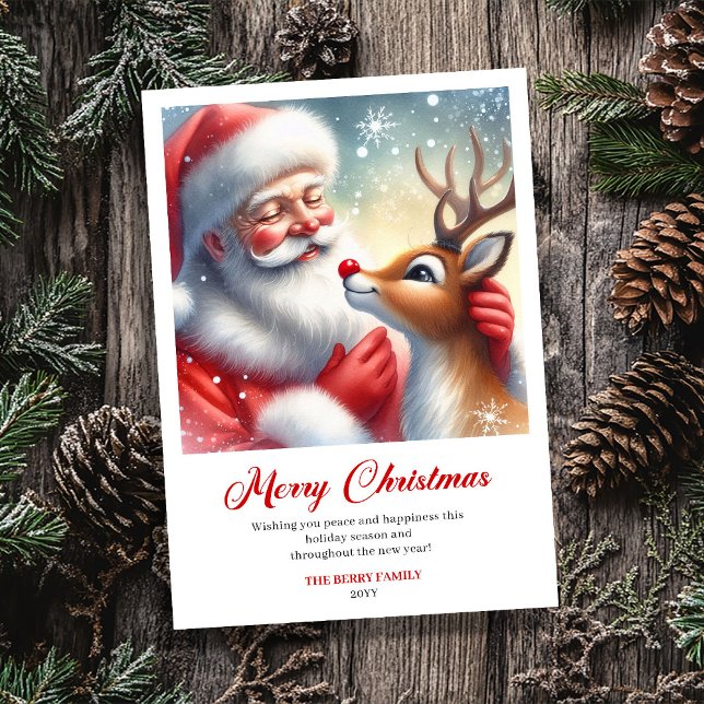 Glad tomte med Rudolf kul hösthälsning   Julkort (Cheerful Santa With Rudolph Fun Holiday Greeting Card)