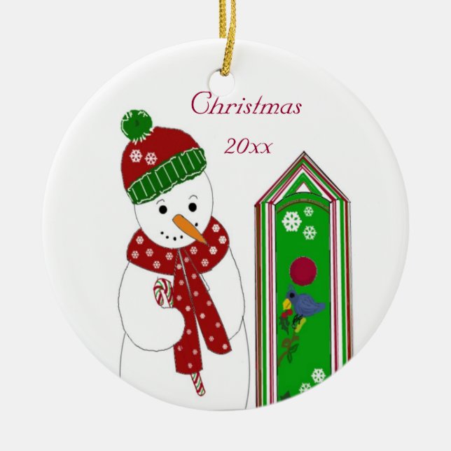 Glad tomte och fågelhus julgransprydnad keramik (Framsidan)