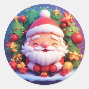 Glad tomte omgiven av festlig julstämning runt klistermärke