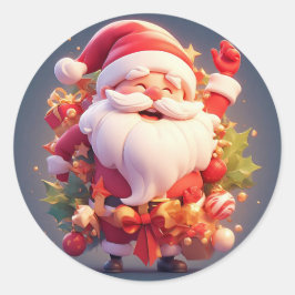 Glad tomte omgiven av festliga juldekorationer runt klistermärke