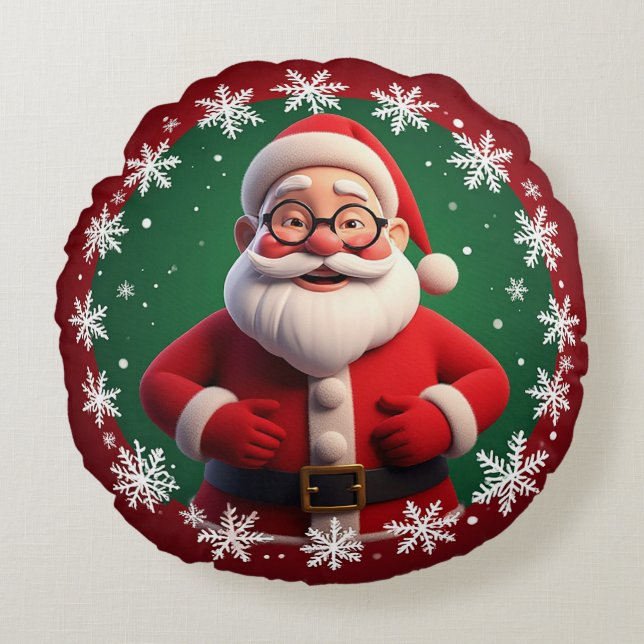 Glad tomte omgiven av snöflingor rund kudde (Framsidan)
