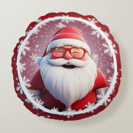 Glad tomte omgiven av snöflingor rund kudde