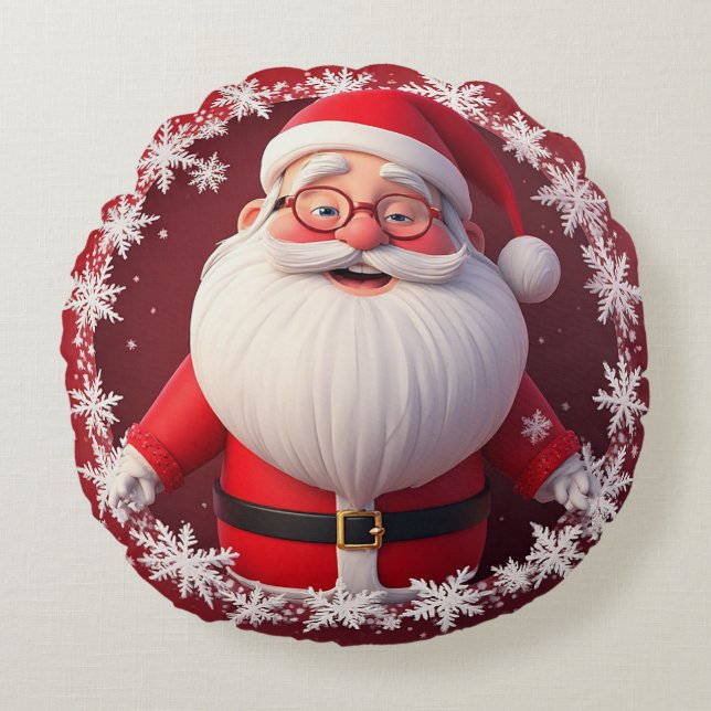Glad tomte omgiven av snöflingor rund kudde (Framsidan)