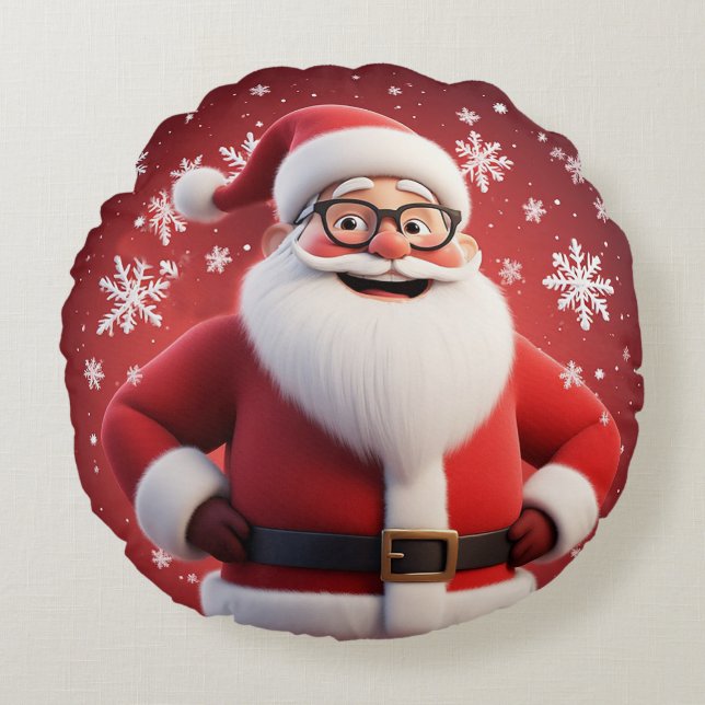Glad tomte omgiven av snöflingor rund kudde (Framsidan)