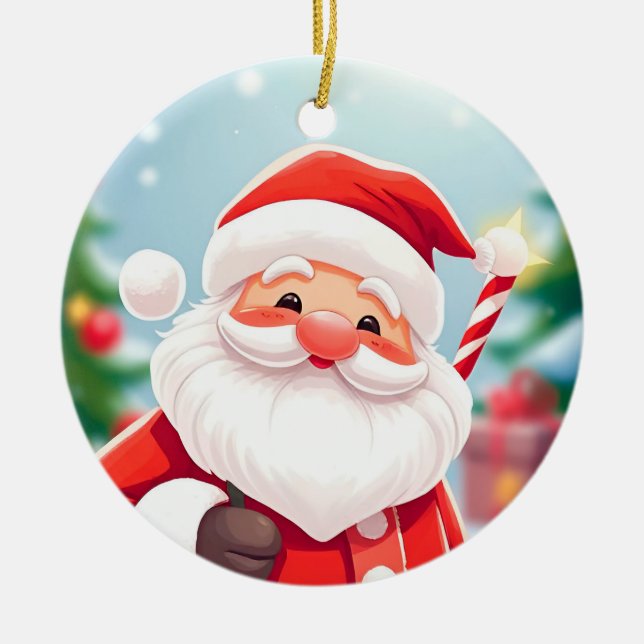 Glad tomte som håller en sockerdrickepinne julgransprydnad keramik (Framsidan)
