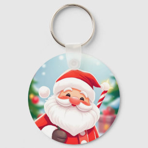 Glad tomte som håller en sockerdrickstav nyckelring