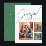 Glad tre foto grön familj jul firande  julkort<br><div class="desc">Detta familj julkort har en stor modernt skrivstil "glad" ovanför en collage av tre foton. Den olika former och storlekar är perfekta för att visa höjdpunkter från året eller det bästa av familjens fotografering. Den ljusa gröna färgen matchas på baksidan av julkortet, som också har ett roligt mönster av vita...</div>