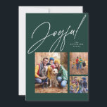 Glad tre foto grön familj jul julkort<br><div class="desc">Det här julkortet för familjen har en stor modern versal "glädjerik" ovanför en collage med tre fotografier. Olika former och storlekar passar perfekt för att visa höjdpunkter från året eller det bästa från familjens fotografering. Den festliga skogsgröna bakgrunden matchas på baksidan av julkortet, som också har ett roligt mönster med...</div>