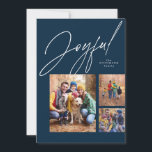 Glad tre foto marinblå familj jul julkort<br><div class="desc">Det här julkortet för familjen har en stor modern versal "glädjerik" ovanför en collage med tre foton. Olika former och storlekar passar perfekt för att visa höjdpunkter från året eller det bästa från familjens fotografering. Den klassiska marinblå bakgrunden matchas på baksidan av julkortet, som också har ett roligt mönster med...</div>
