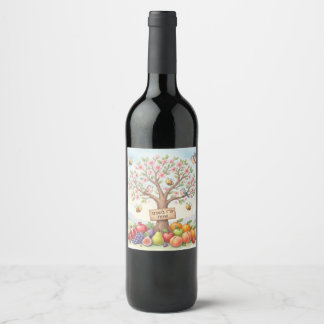 Glad Tu B'Shevat – Färgrik Blomning & Frukt Vinflaska Etikett