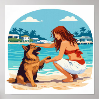 Glad tysk schäferhund och kvinna som knyter band p poster