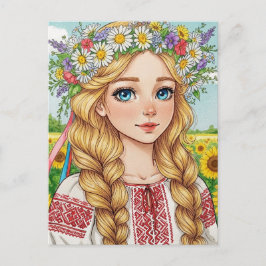 Glad ukrainsk flicka blommig krans julkort vykort