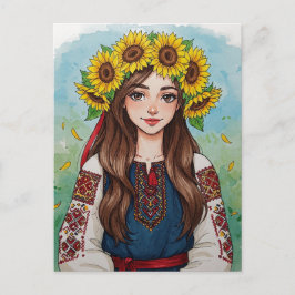 Glad ukrainsk flicka solroskrans vykort