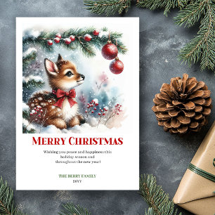 Glad ung hjort vinterscen snöig skog hälsning julkort