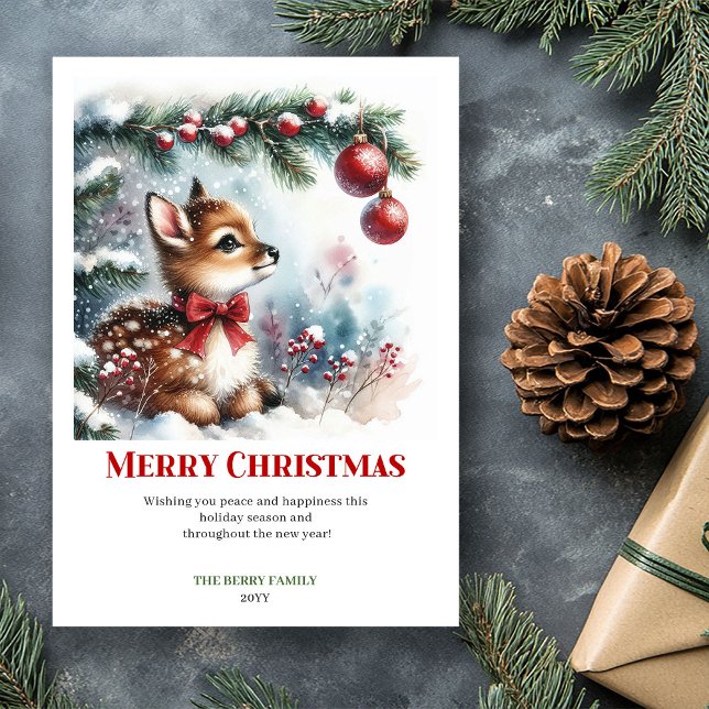 Glad ung hjort vinterscen snöig skog hälsning julkort (Merry baby deer winter scene snowy forest greeting card)