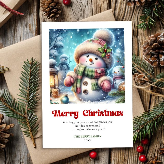 Glad utskrivbar jul snöman akvarell julkort (Joyful printable Christmas snowman watercolor)