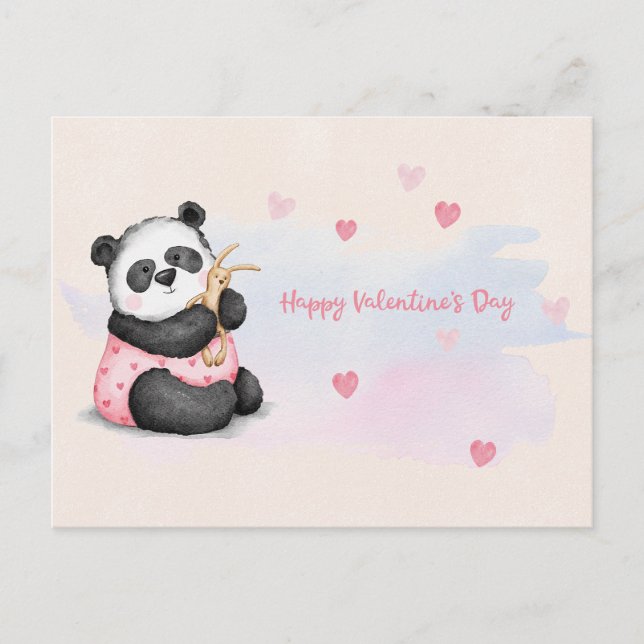 Glad Valentindag Watercolor Heart Panda Bunny Vykort (Framsida)