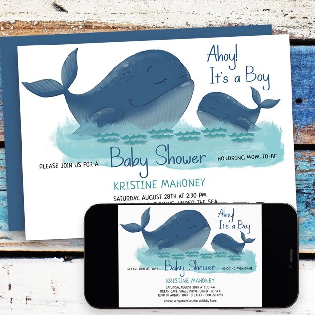 Glad valhaj Hej då är det en pojke Vattenfärg Baby Inbjudningar (Baby Shower Invitation from my Happy Whale collection. Message if you need different items.)