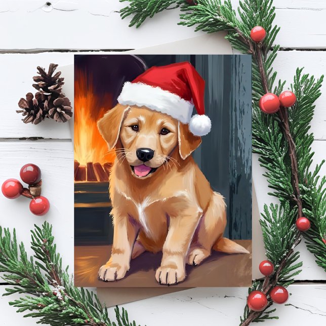 Glad Valp | Hund Julmössa Vattenfärg Jul Helg Vykort (Skapare uppladdad)