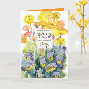 Glad vår gul lila blommor akvarell kort