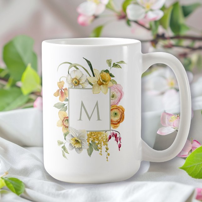 Glad vårblomning akvarell blomster monogram kaffemugg (Skapare uppladdad)