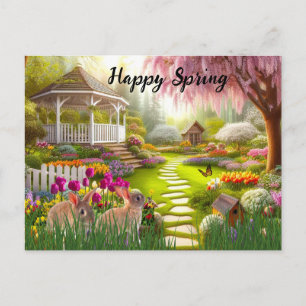 Glad vårblomster trädgårdslandskap helg vykort