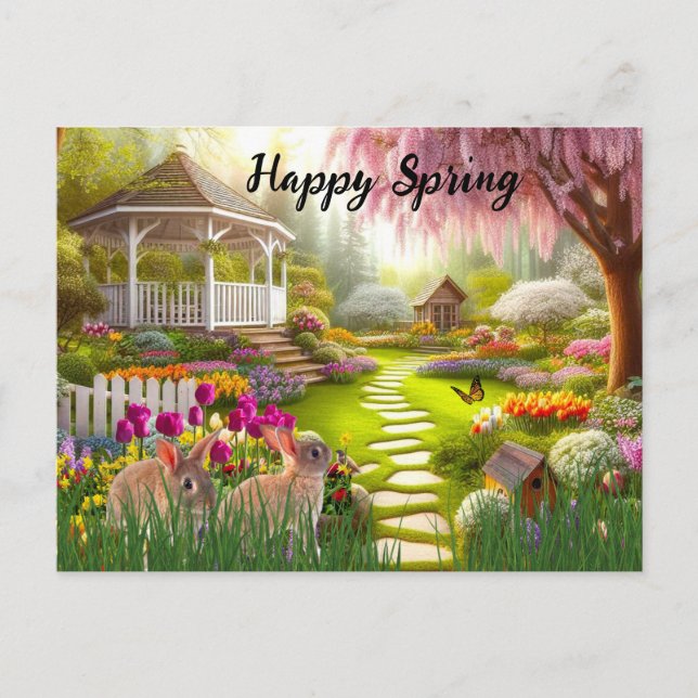 Glad vårblomster trädgårdslandskap  helg vykort (Framsida)