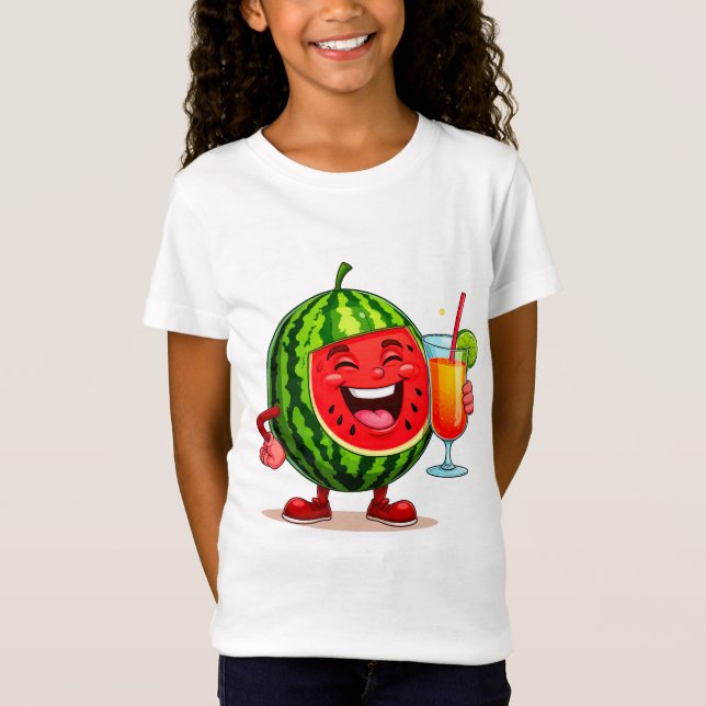 Glad vattenmelon karaktär njuter t shirt (Framsida)