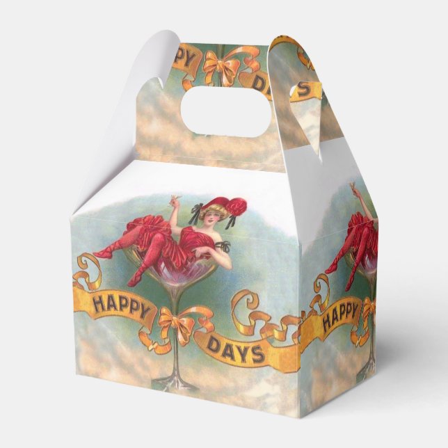 Glad viktoriansk kvinna i röd champagne presentaskar (Framsidan Sidan)