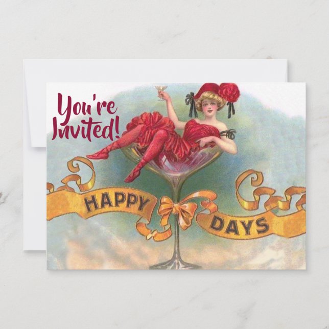 Glad viktoriansk kvinna med röd champagne inbjudningar (Framsida)