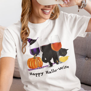 Glad vinhäxa Halloween svart kattbesom T Shirt