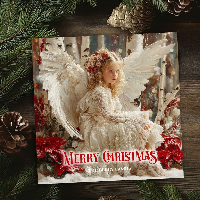 Glad vintage ängel röd vit guld julkort (Cheerful vintage angel red white gold holiday greeting card

)