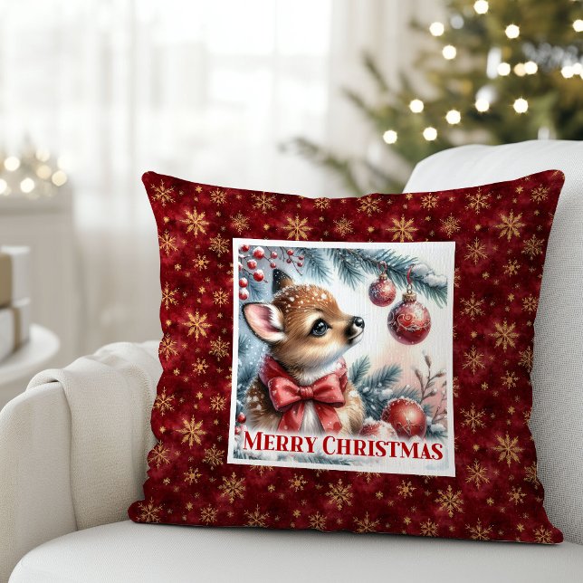 Glad vinterscen babyfawn julkudde kudde (Happy winter scene baby fawn Christmas pillow (48))