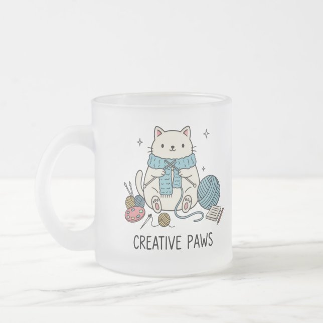 Glad Vit Katt Stickar Garn Söt Hobby Drickgods Frostad Glasmugg (Vänster)